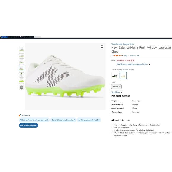 Mens 7 New Balance Men's Rush V4 Low Lacrosse Shoe Molded Cleats Shoes - Picture 2 of 8